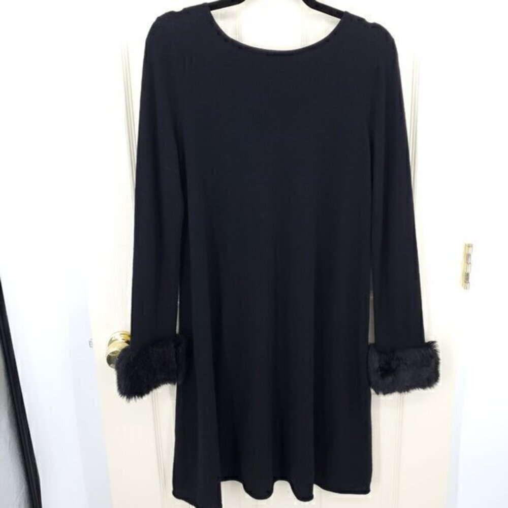 100% Cashmere Faux-Fur Trimmed Long Sleeve Sweater Dress L Black
